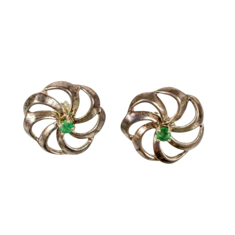 Sterling Silver Flower Stud Earrings With Emerald Centers